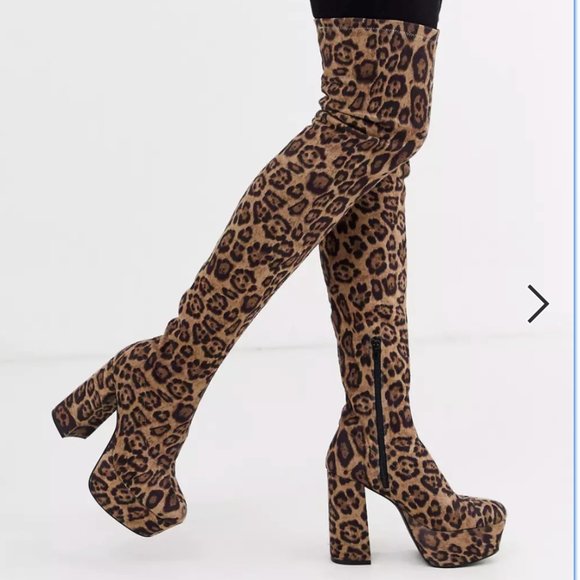 ASOS Leopard platform thigh high boots - Picture 1 of 13